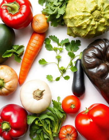 Fresh vegetables on white background. Healthy food concept. Top view.