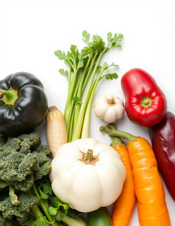 Vegetables isolated on white background. Top view, flat layの写真素材