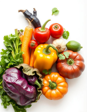 vegetables on a white background, top view, close-upの写真素材