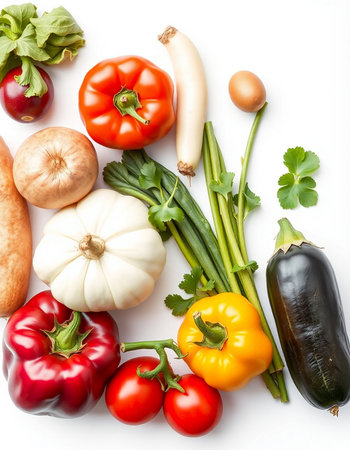 Fresh vegetables isolated on white background. Top view. Flat lay.の写真素材