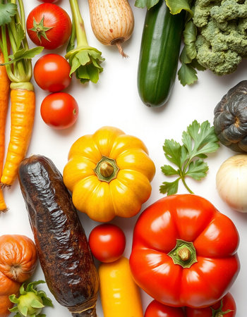 Vegetables isolated on white background. Top view, flat layの写真素材