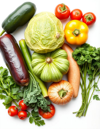 Fresh vegetables isolated on white background. Healthy food. Top view.の写真素材
