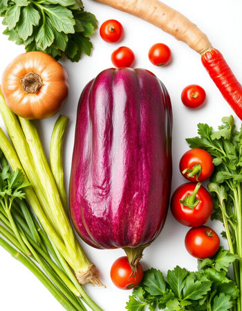 Fresh vegetables on white background. Healthy food concept. Top view.