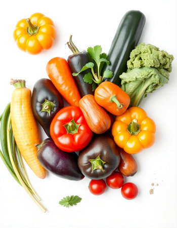 Fresh vegetables isolated on white background. Top view. Flat lay.