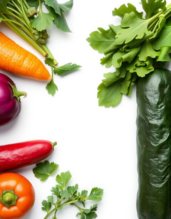Fresh vegetables on a white background. Top view. Flat lay.