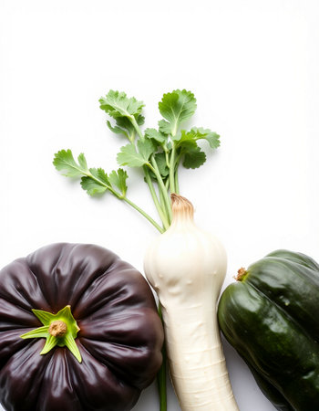 Vegetables isolated on white background. Top view, flat layの写真素材