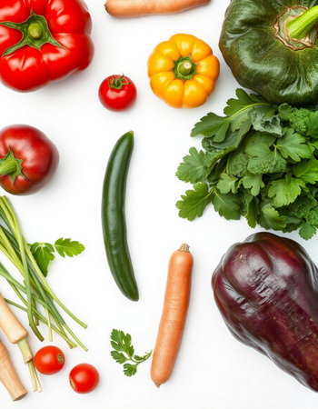 Fresh vegetables isolated on white background. Top view. Flat lay.の写真素材