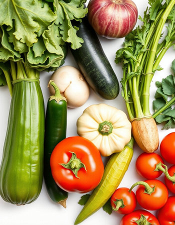 Fresh vegetables on white background. Healthy food concept. Top view.