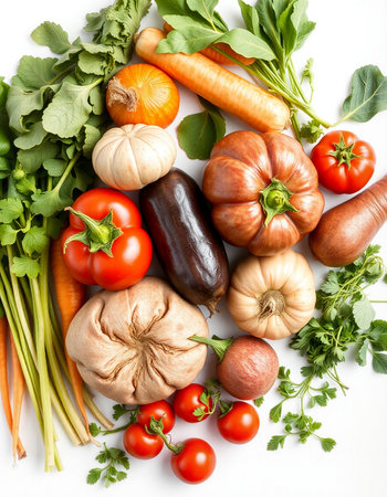 Vegetables on a white background. Top view. Flat lay.の写真素材