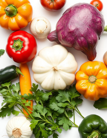 Composition with different vegetables on white background, top view. Healthy food