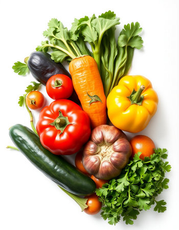 Fresh vegetables isolated on white background. Healthy food. Top view.の写真素材