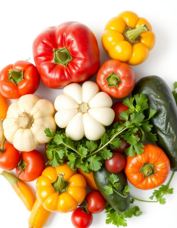 Fresh vegetables isolated on white background. Top view, flat lay.の写真素材
