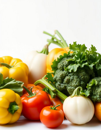 fresh vegetables isolated on white background, top view, close up.