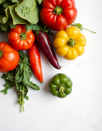 Red, yellow, green and red bell peppers on a white background