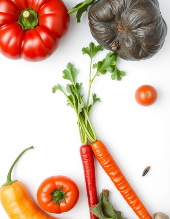Vegetables on a white background, top view, flat layの写真素材