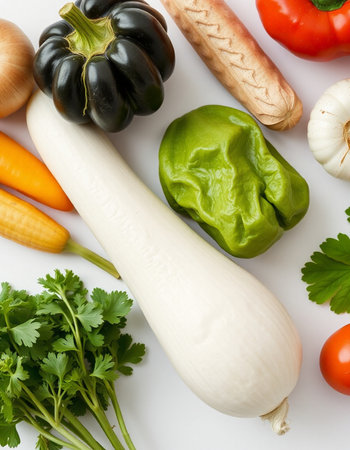 Fresh vegetables on a white background, close-up, top viewの写真素材