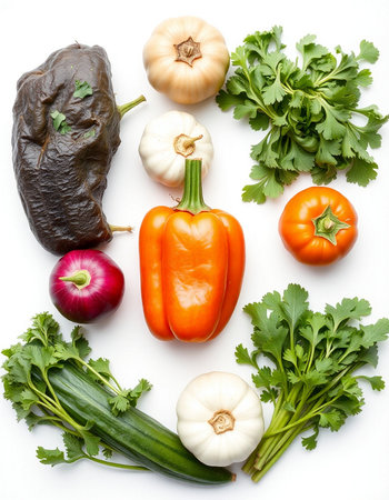 Fresh vegetables isolated on white background. Top view. Flat lay.の写真素材