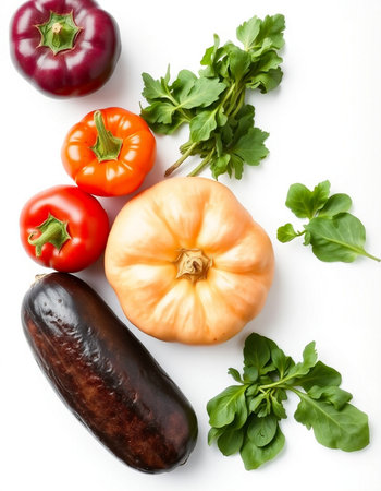 vegetables isolated on white background, top view, flat layの写真素材