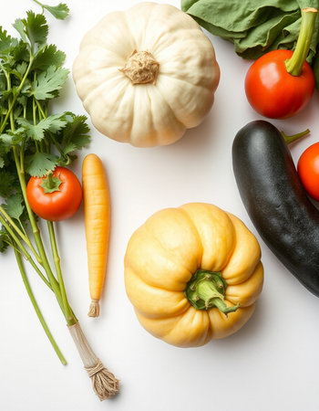 Fresh vegetables on white background, top view. Healthy food concept.の写真素材