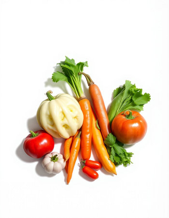 Vegetables isolated on white background. Tomatoes, carrots, peppers and garlic