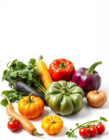 Composition with fresh vegetables on a white background. Balanced diet.の写真素材