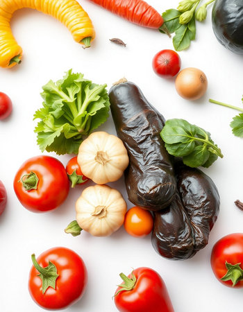 Fresh vegetables on a white background, top view. Vegetarian foodの写真素材