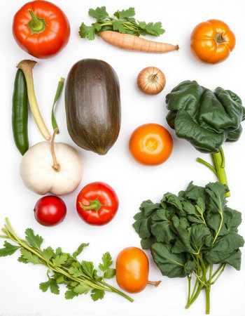 collection of fresh vegetables on white background, top view, flat layの写真素材