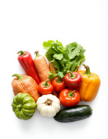 Fresh vegetables isolated on white background. Healthy food concept. Top view.の写真素材