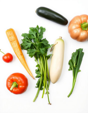 fresh vegetables on a white background, top view, close-up