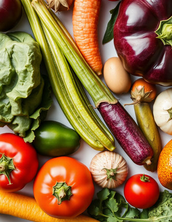 Composition with variety of fresh organic vegetables on light background, top viewの写真素材