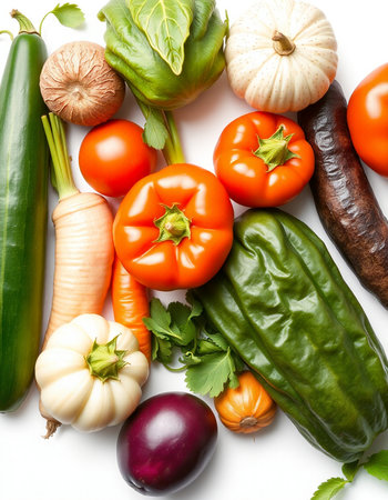 Fresh vegetables isolated on white background. Top view. Flat lay.の写真素材