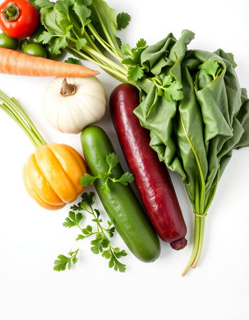 Fresh vegetables on white background. Healthy food concept. Top view.の写真素材