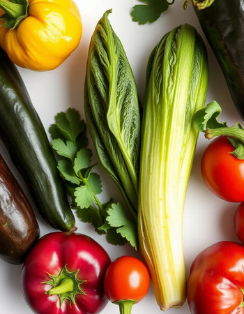Fresh vegetables on a white background, top view, close-up