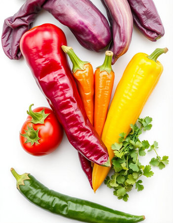 Colorful peppers and tomatoes on a white background. Top view.の写真素材