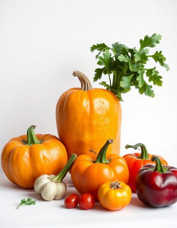 Autumn vegetables on a white background. Pepper, tomato, garlic, parsleyの写真素材