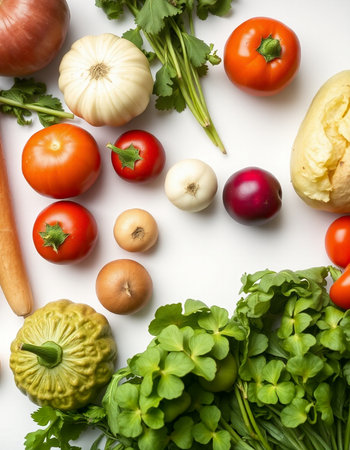 Fresh vegetables on white background, top view. Healthy food concept.の写真素材