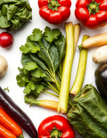 collection of various fresh vegetables on white background, top view, flat layの写真素材