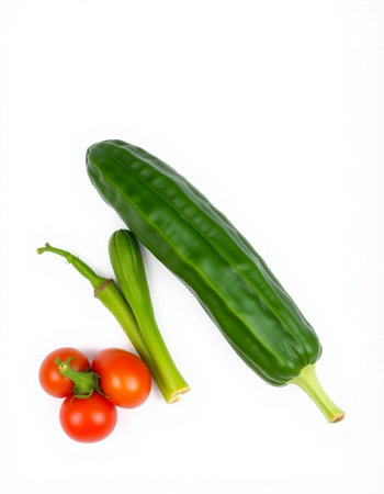 Fresh vegetables on a white background. Green pepper, tomatoes and cucumbers.の写真素材