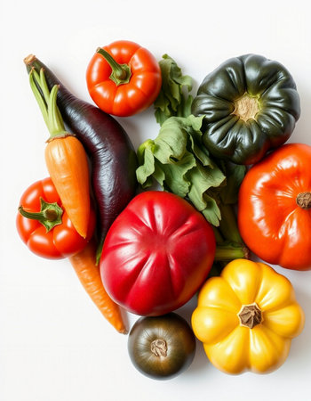 Vegetables on a white background, top view, copy space