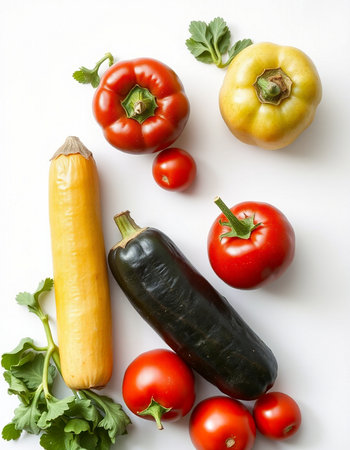 Vegetables on a white background - zucchini, eggplant, tomato, pepper