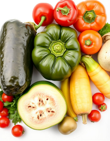 Fresh vegetables isolated on white background. Healthy food concept. Top view.