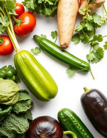 fresh vegetables on a white background, top view, close-up