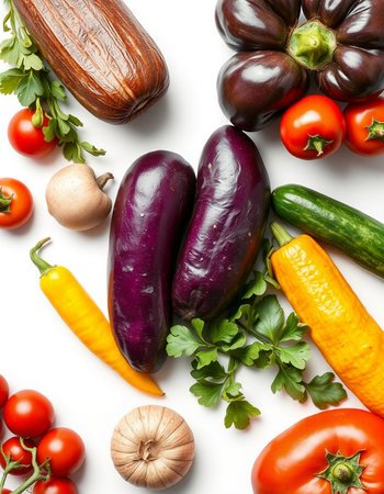 Fresh vegetables on white background, top view. Healthy food concept.