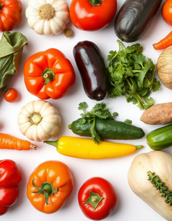 Different ripe vegetables on white background, top view. Vegetarian food