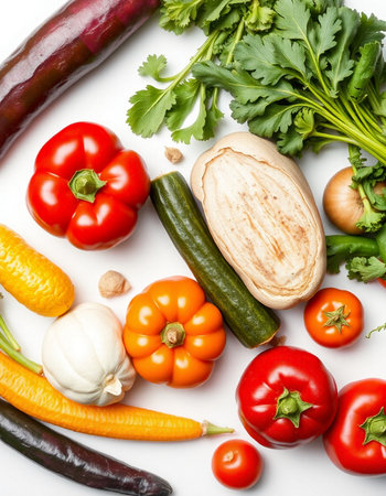 Composition with fresh vegetables on white background, top view. Balanced dietの写真素材