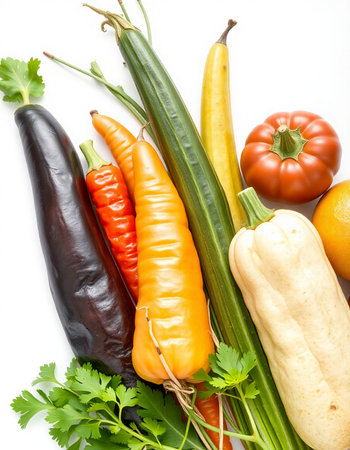 Variety of fresh vegetables on white background, top view. Healthy food
