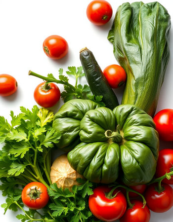 Fresh vegetables isolated on white background. Top view. Flat lay.の写真素材