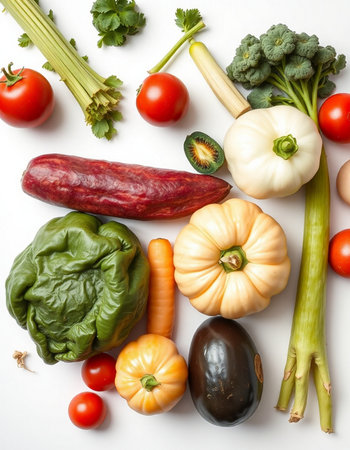 vegetables on a white background, top view, close-upの写真素材
