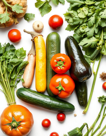 Fresh vegetables on a white background, top view, close-upの写真素材