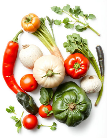 Vegetables isolated on white background. Tomato, cucumber, pepper, onion, garlic, parsley.